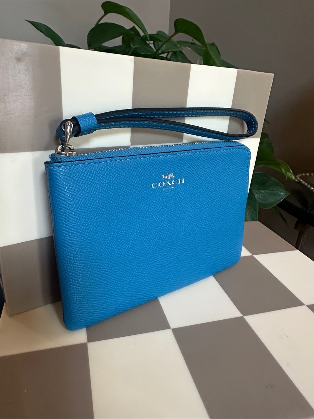 Coach Blue Leather Wristlet with Silver Logo NWOT